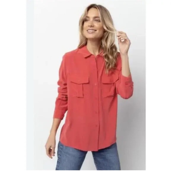 Rails Rhett Carmine 100% Silk Button Down Long Sleeve Shirt Women Size S Coral - Picture 1 of 11